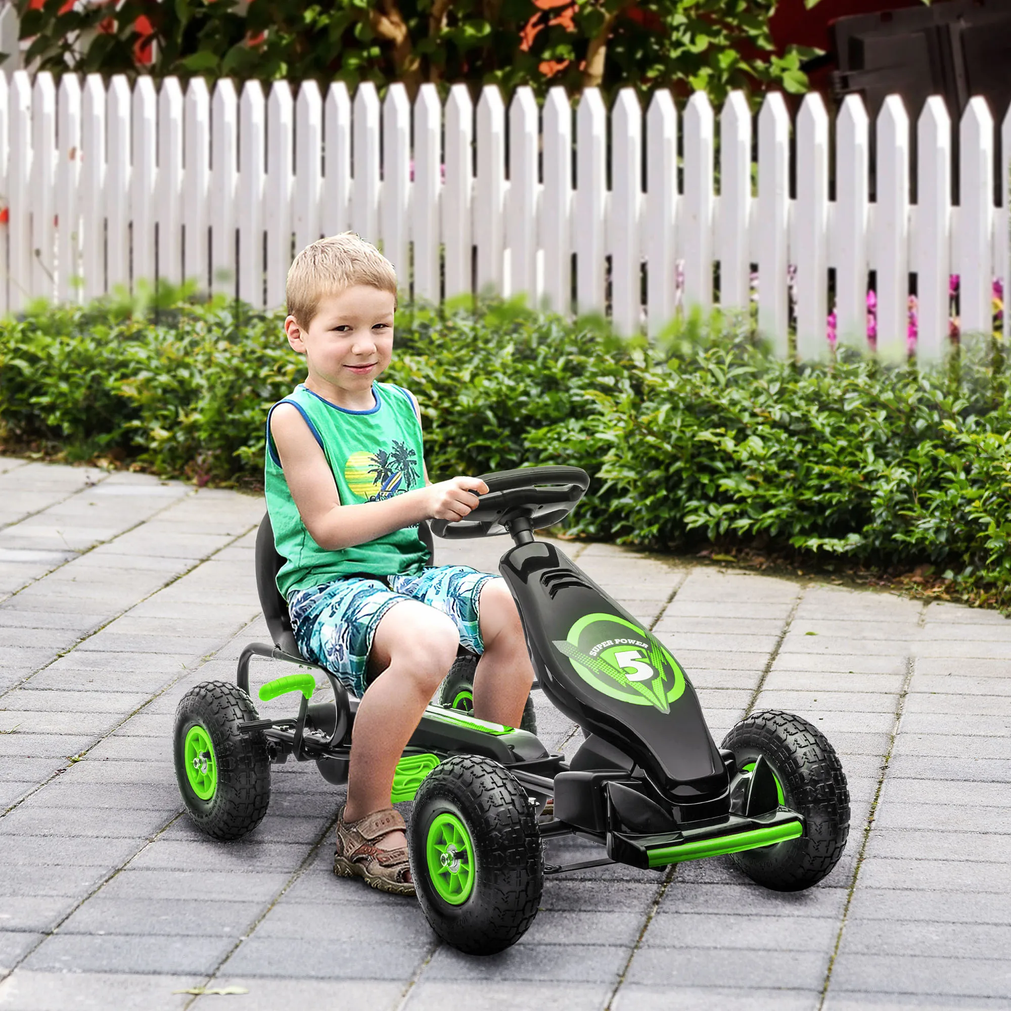 HOMCOM Kart Pedales para Niños de 5-12 Años con Asiento Ajustable Verde