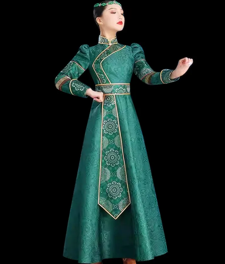 

Women's Mongolian Original Elements Robe Green Long Dress Inner Mongolia Dance Performance Photography Etiquette Wedding Dress