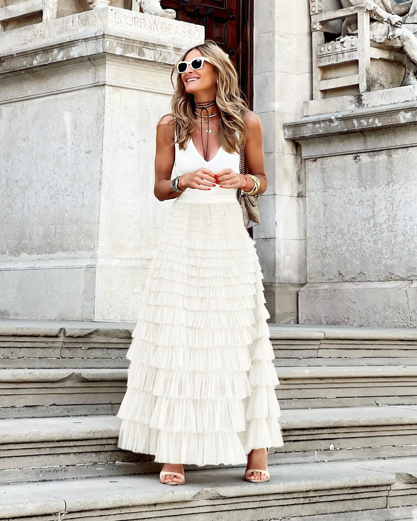 

HOUZHOU Solid Multilayer Ruffle Mesh Skirt Women Boho High Waist Long Maxi Tulle Skirt Spring Summer Party Women's Clothing