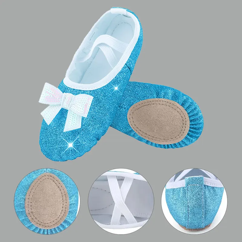 Zapatos de ballet para niñas, zapatos planos con purpurina y suela dividida, zapatos de baile para niñas, gimnasia de baile con diseño de polvo brillante y lazo brillante