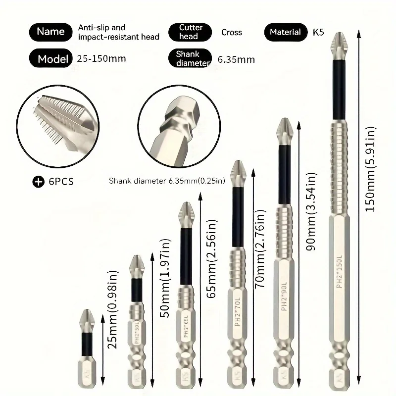 6PC Magnetic Screwdriver Bit Set - K5 Cross Impact Bits w/6.35mm Hex Handle, Anti-Slip Grip for Electric/Manual Drills