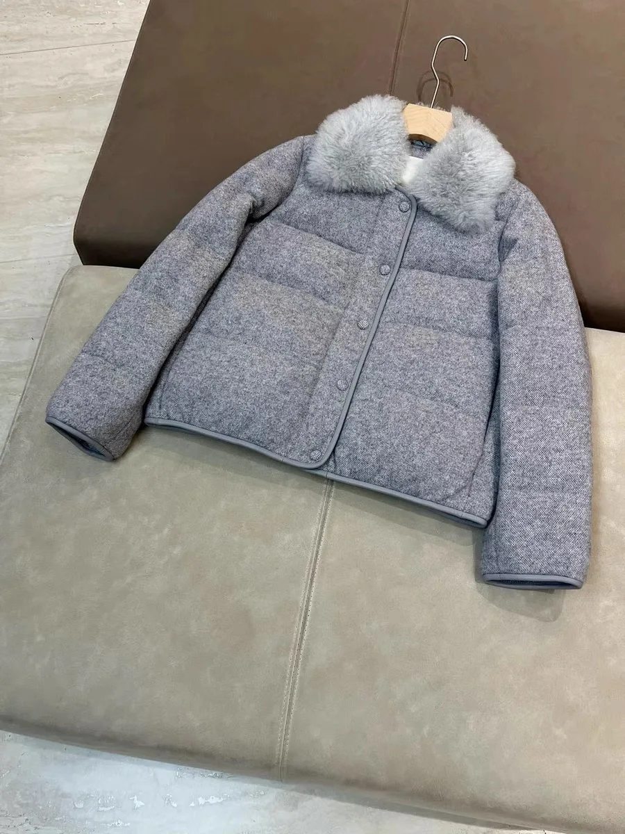 Autumn Winter Women's Wool Goose Down Jacket Cashmere Turn-down Collar Single Breasted Long Sleeve Casual Ladies Coat