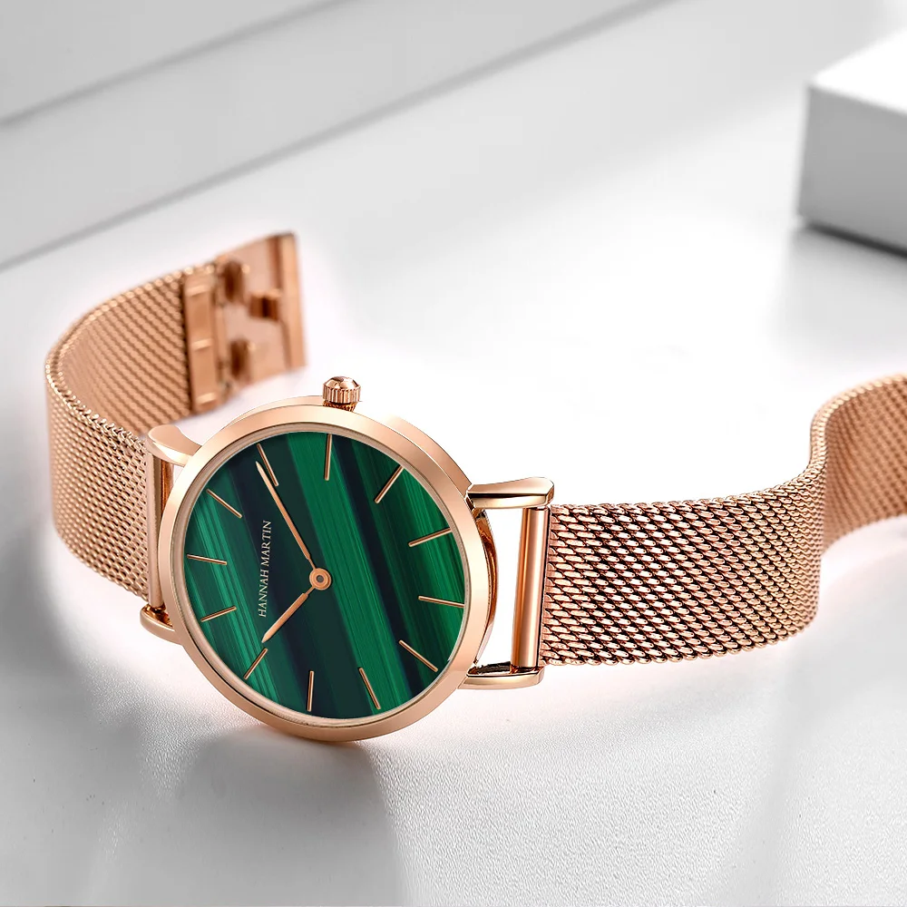 Hannah Martin High Quality Luxury Women\'s Watch Fashion Green Malachite Texture Waterproof Quartz Watches For Women DropShipping