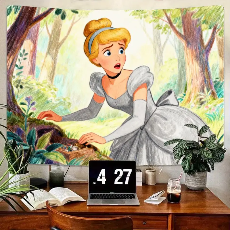 

1 шт., гобелен принцессы Диснея, Золушки, зачарованный лес, милые животные, помощь, настенное искусство из полиэстера для девочек, спальни, гостиной