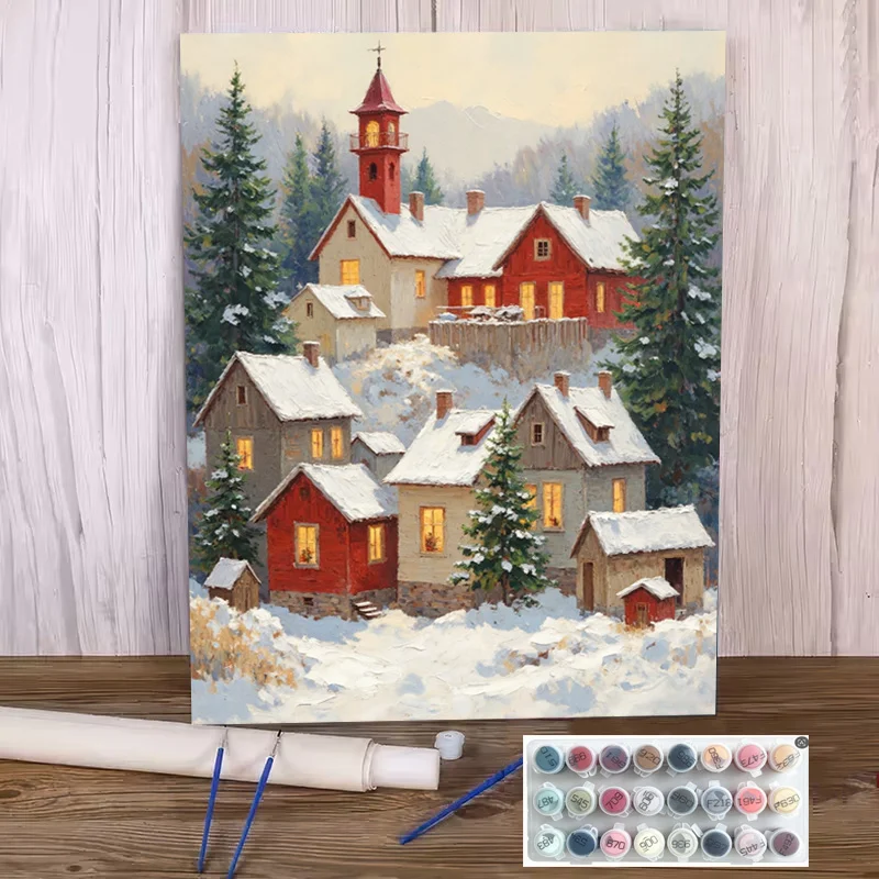 Professional Art Use, 2D Flat, Gratitude/Christmas Adult Beginner DIY Frameless Paint by Numbers Kit, Winter Warm Light Mountain