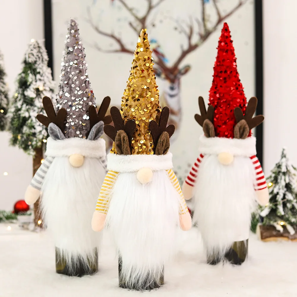 Red Sequin Antlers Wine Bottle Set, Rudolph Bearded, Old Man Red Wine Hat, Christmas Decorations, New, 2023