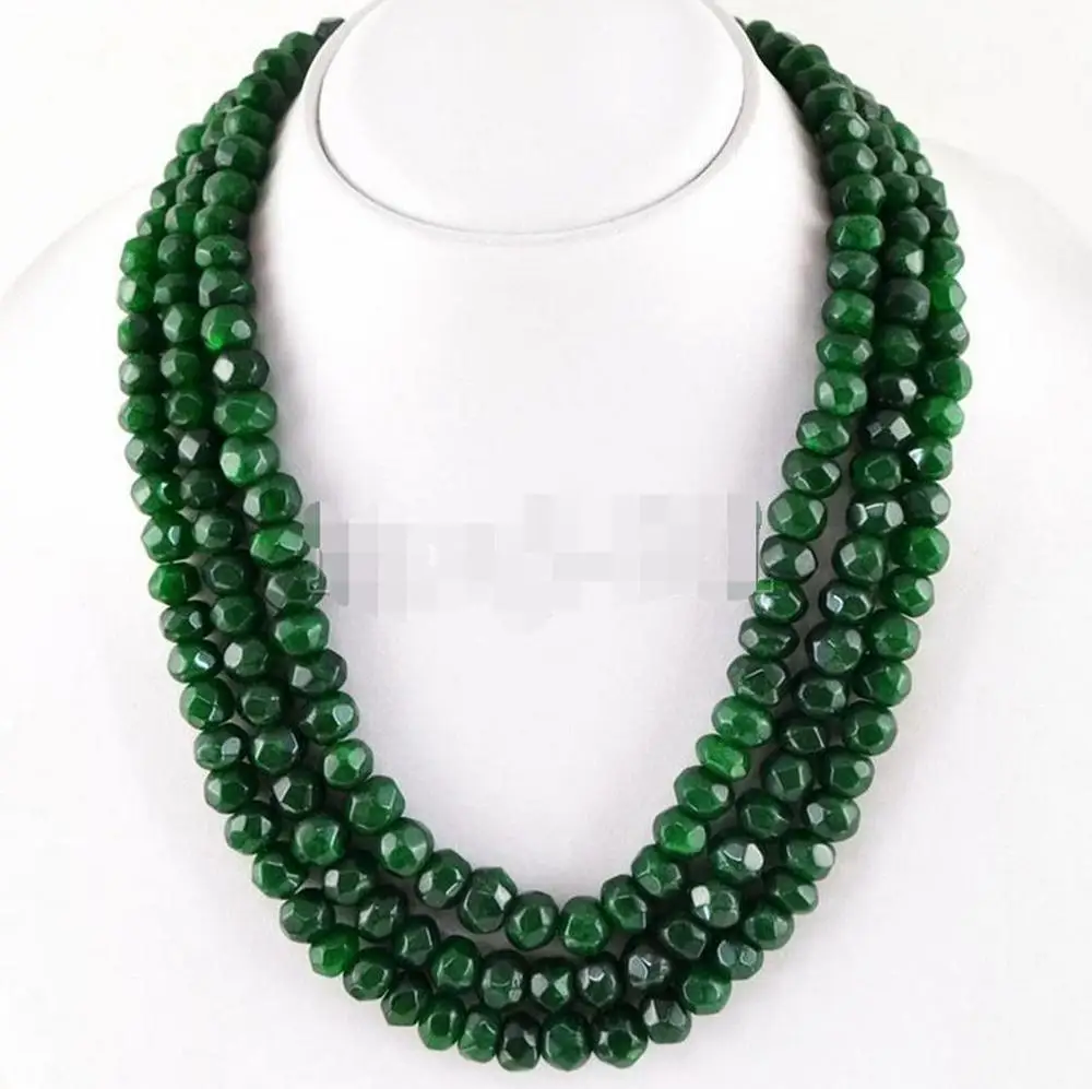 3Rows Natural 5x8mm Green Emerald Faceted Gemstone Beads Necklace 17-19'' AAA