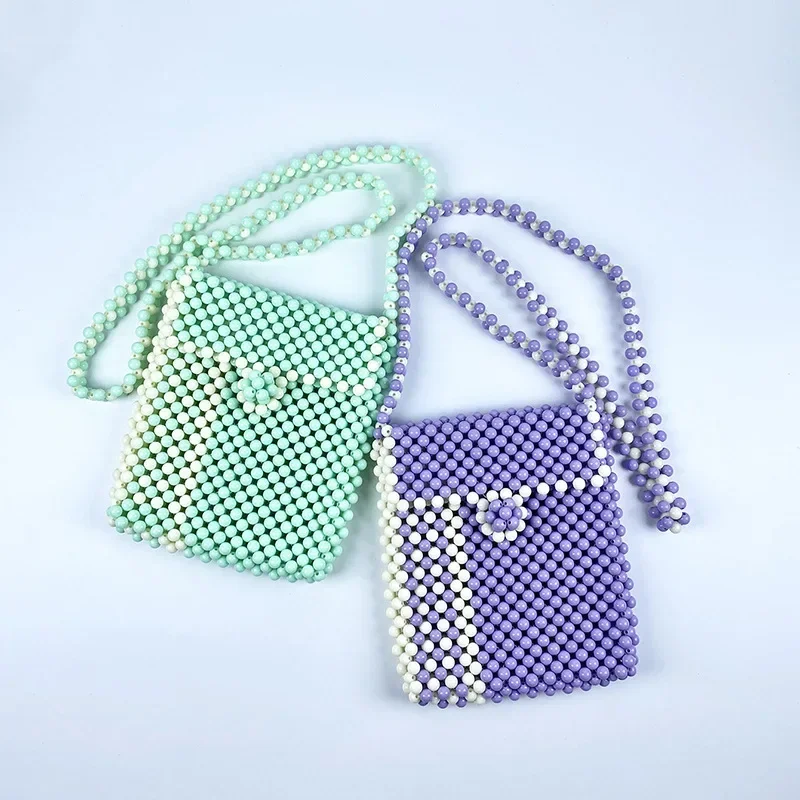 

New Fashion INS Texture Contrast Color Design One Shoulder Crossbody Bags for Woman Handwoven Beaded Pearl Buckle Women's Bag