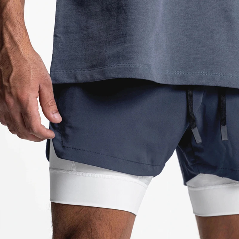 Running Shorts Men Breathable Gyms Bodybuilding Workout Shorts Double Layer Beach Summer Shorts Male Fitness 2 In 1 Sport Shorts