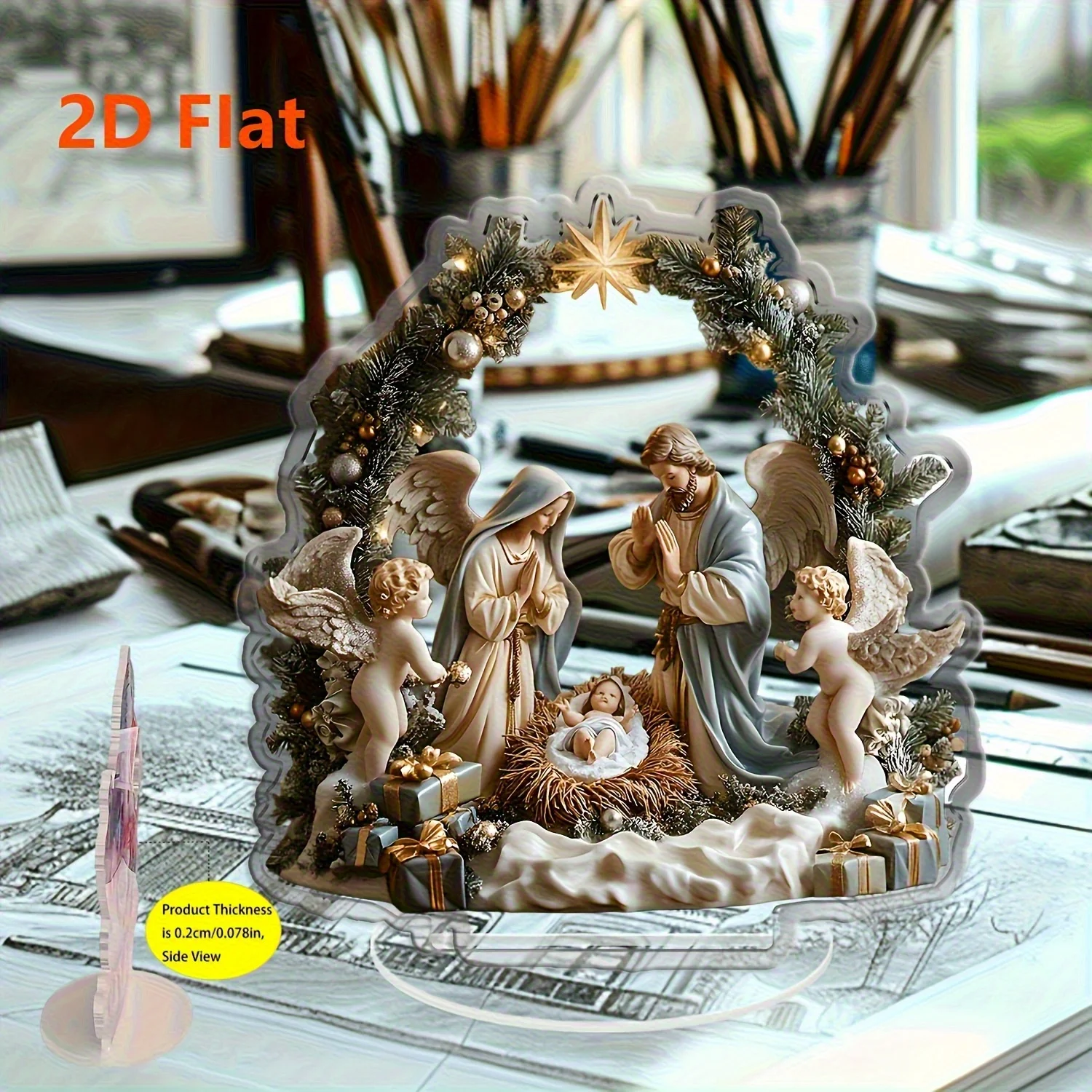 2D الاكريليك سطح المكتب زينة عيد الميلاد - مشهد ميلاد يسوع مريم العذراء الملاك الكرتون اللون طباعة المسيحية ديكور المنزل احتفالي الهدايا