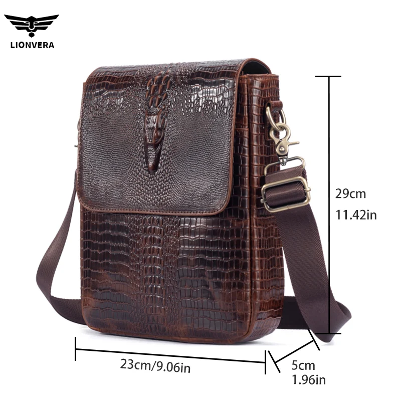 LION VERA Men's Diagonal Cross Bag Crocodile Pattern Shoulder Bag Large Capacity 9-inch Tablet Bag Casual Messenger Bag