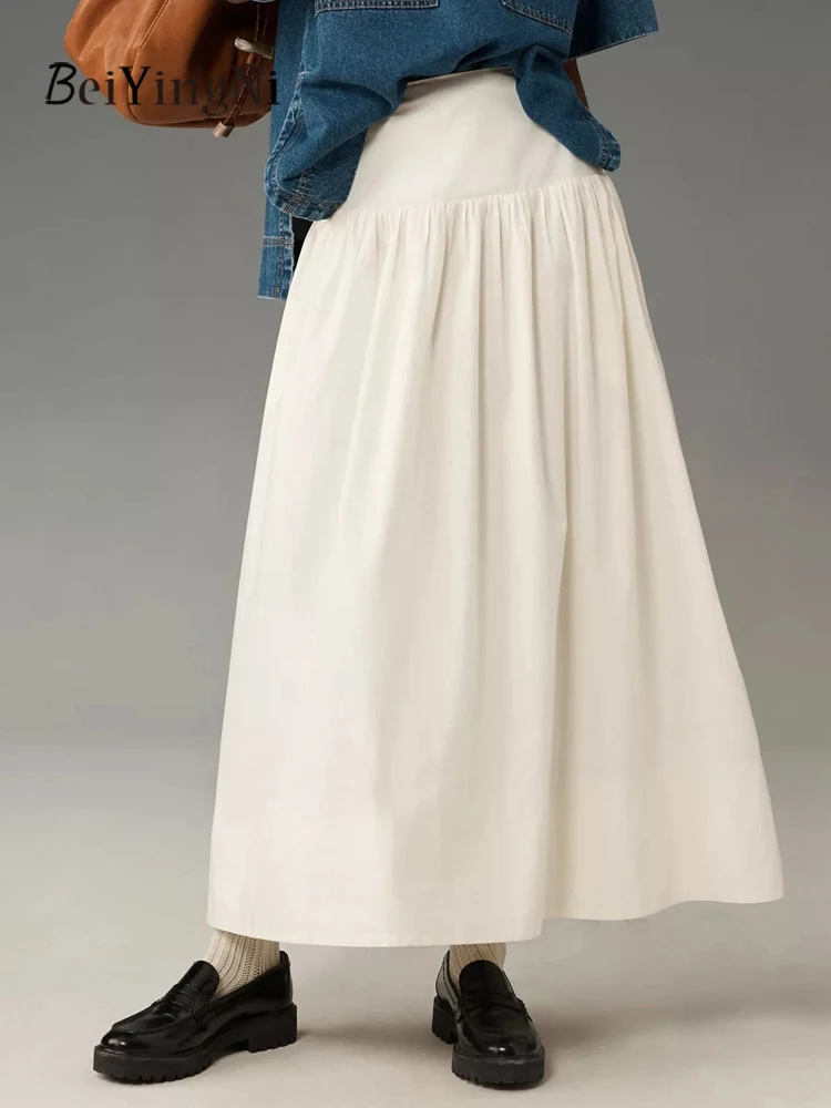

Beiyingni New In Women Long A-line Skirt Solid Color Casual Elegant High Waist Maxi Skirts Female Ruched 2025 Faldas Clothing