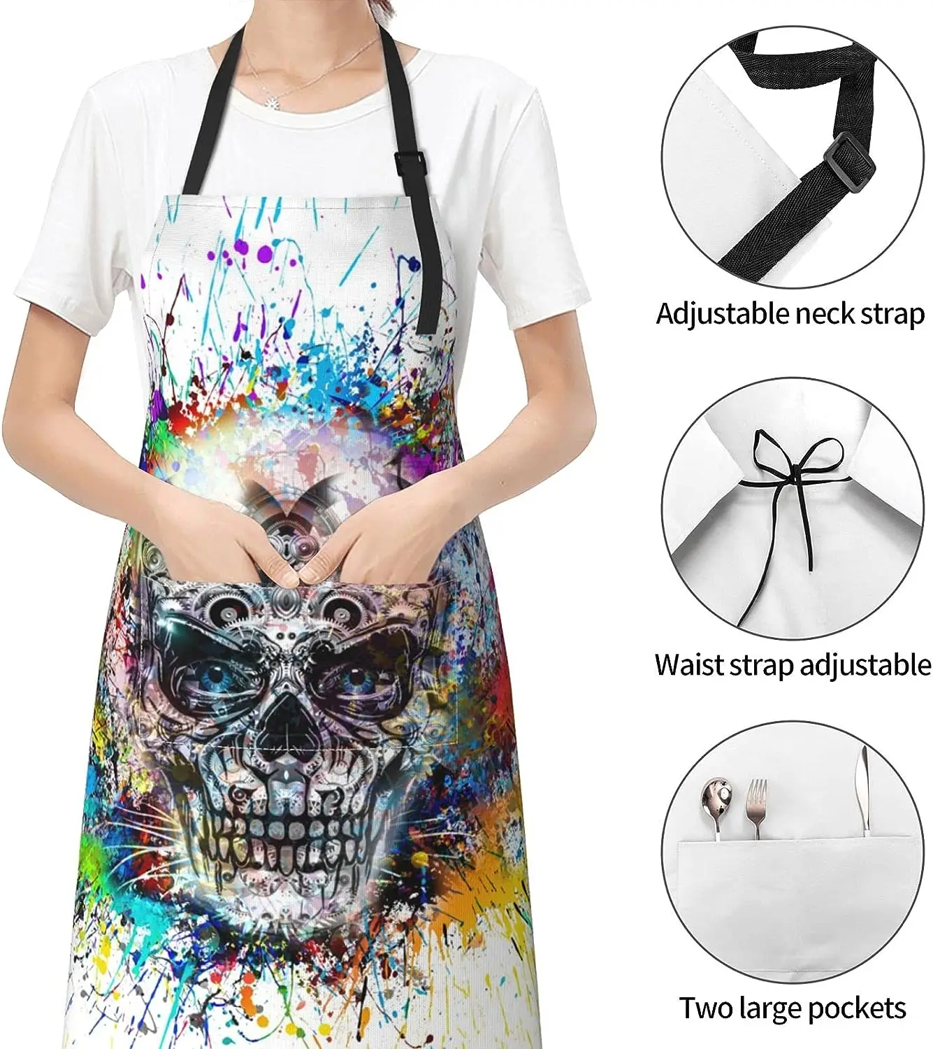 Halloween Skull Colorful Splash Waterproof Apron with 2 Pockets Kitchen Chef Bib for Men Women Cooking BBQ Drawing Gardening