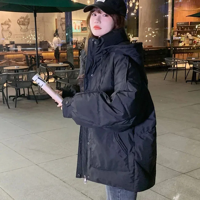 韓国スタイルの女性の厚い暖かいダウン綿ジャケットカジュアルフード付き秋冬綿入りアウターウェアパープル女性パーカー