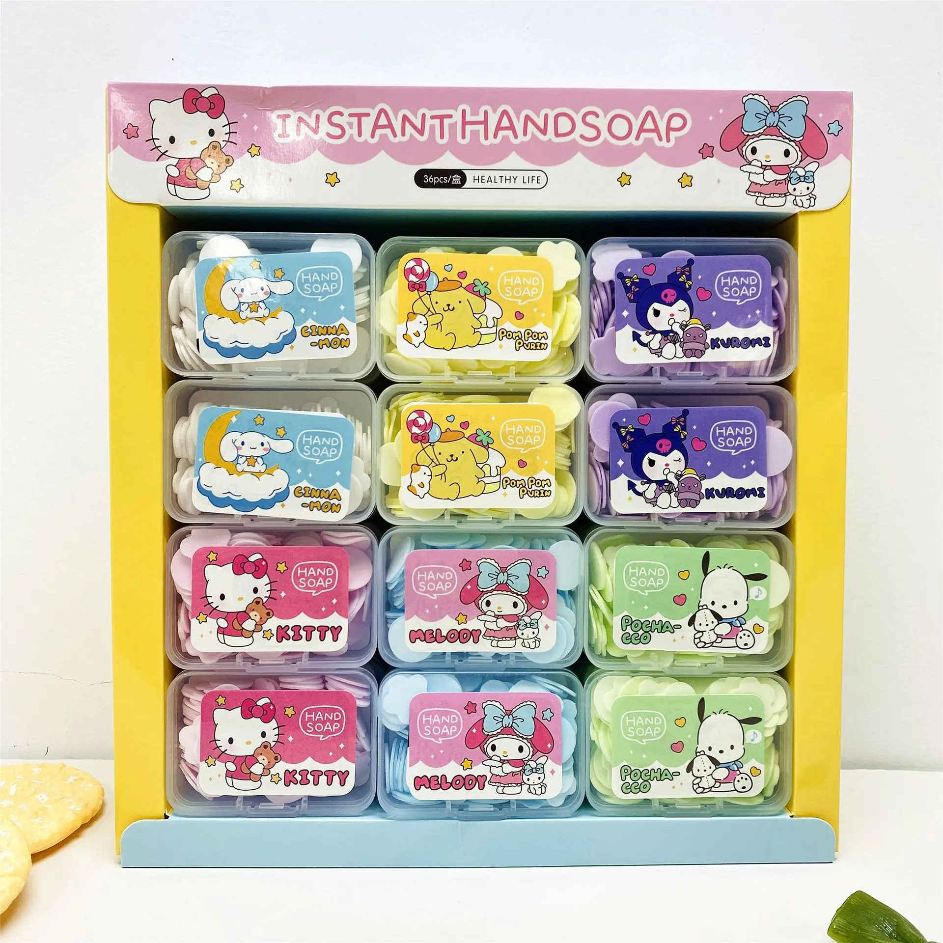 

36Pcs/box Sanrio Kuromi Cinnamoroll Rapid Lysis Soap Flower Cartoon Disposable Soap Tablet Paper Hand Wash Tablet Wholesale Gift