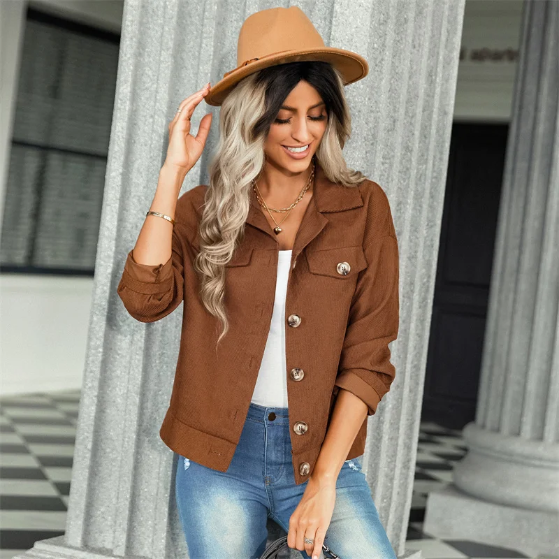 

2022 Autumn Winter New Jacket Corduroy Loose Tops Fashion Women Clothes All-match Coat Turn-down Collar Single Breasted Jackets