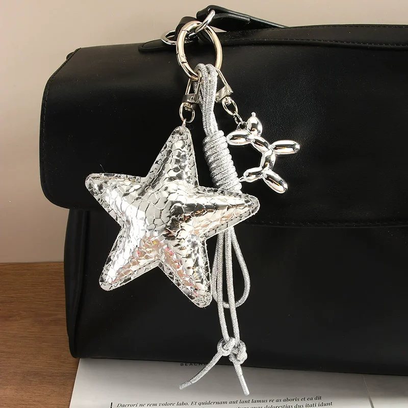 Fashion Silver Star Keychain Cute Balloon Dog Leather Charm Women Bag Pendant Ornaments Accessories Braided Rope Keyring Decor