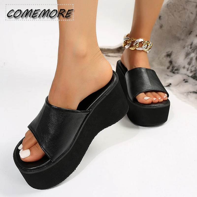 Chunky Platform Sandals Women Fashion Black PU Leather Wedge Slippers for Woman 2024 Summer Thick Bottom Slides Plus Size 42 43