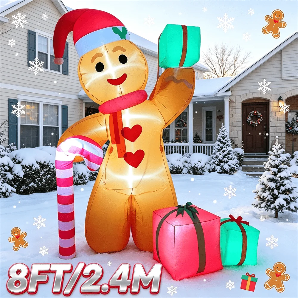 8FT Inflatable Christmas Gingerbread Man Light Up Blow Up Christmas Yard Decoration Giant Holiday Decor for Outdoor Indoor Porch
