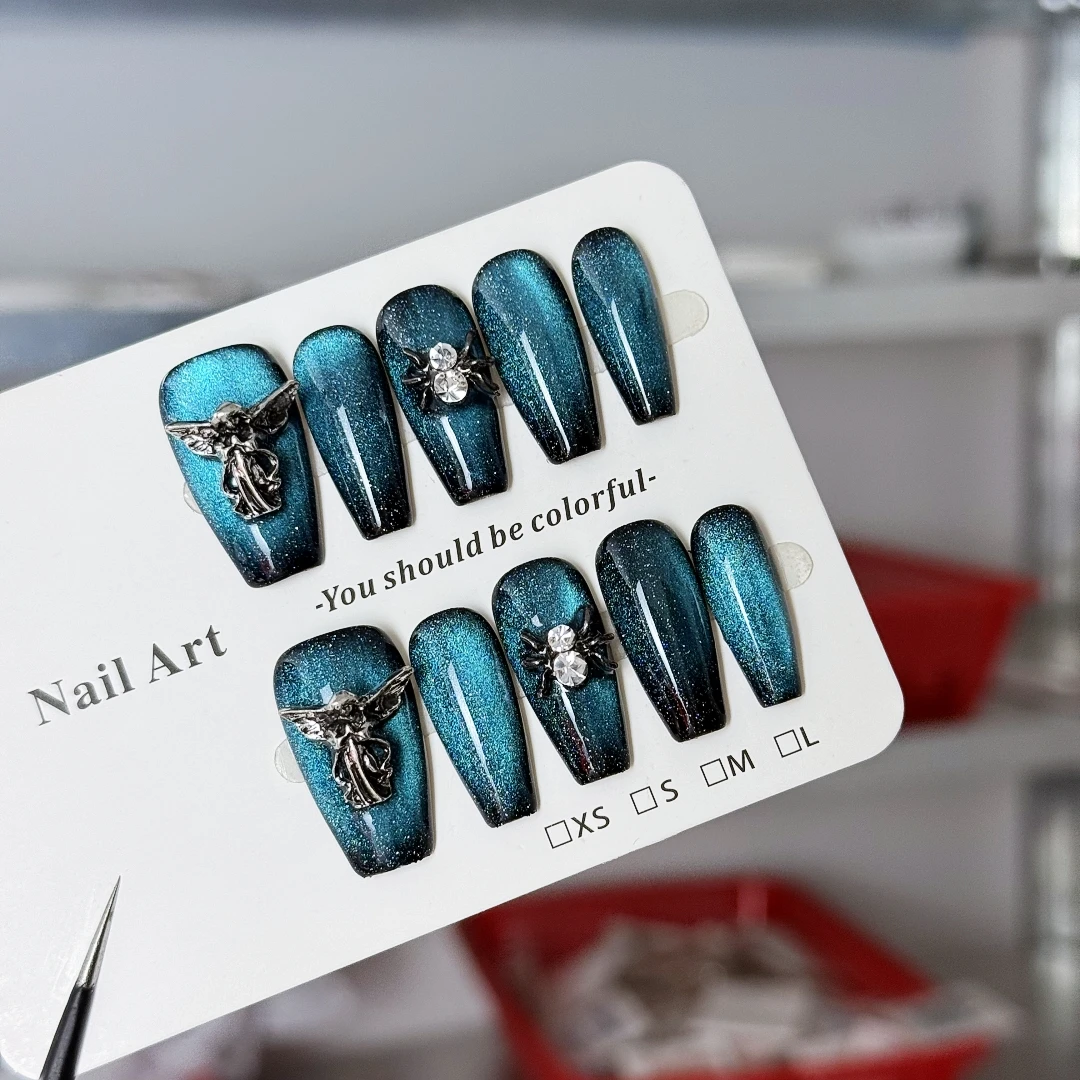 10pcs high-end Vintage style design, hand-painted three-dimensional angel, spider, and dazzling blue cat-eye handmade fake nails
