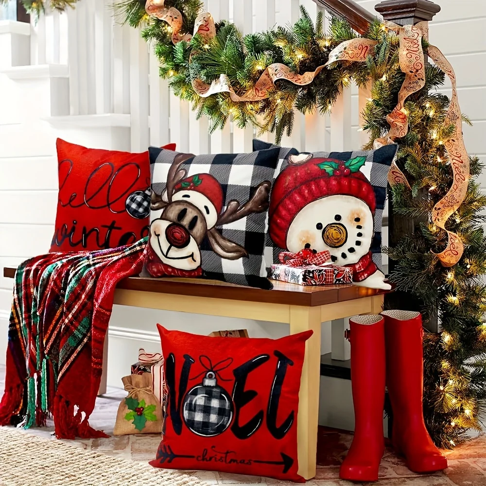 1 funda de almohada navideña a cuadros con muñeco de nieve y Reno, decoración navideña de otoño a invierno, regalo festivo