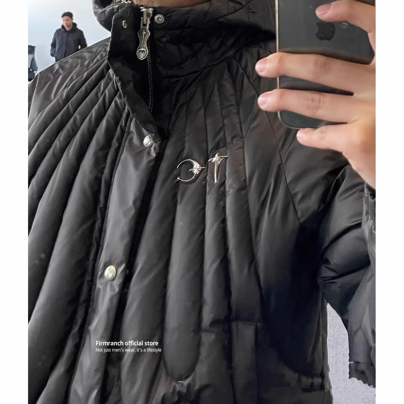 Firmranch New Star Moon Metal Buckle Black Hooded Puffer Jackets For Men Women Streetwear Full Zip Up Down Coat Winter Parkas