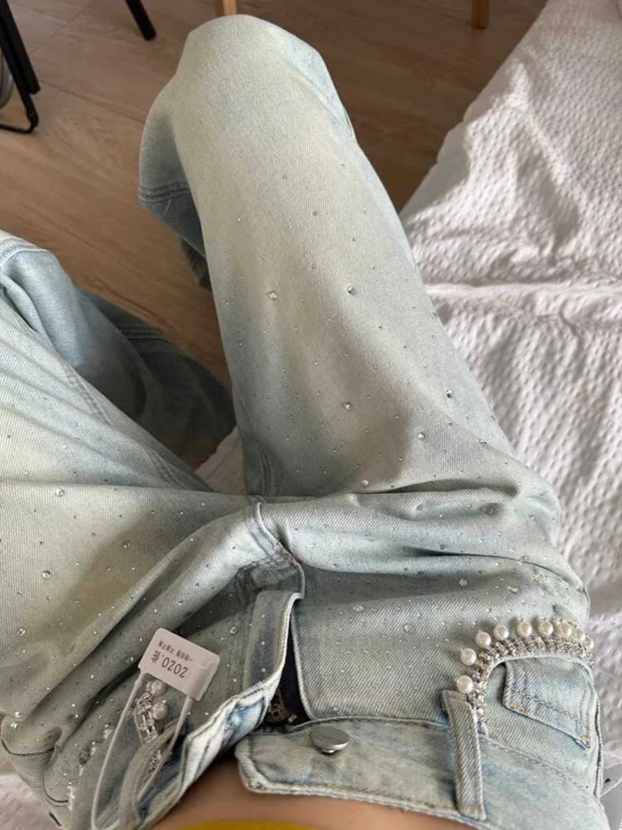 

Американские джинсовые брюки со стразами, женские летние тонкие дизайнерские винтажные свободные утягивающие широкие брюки длиной до пола