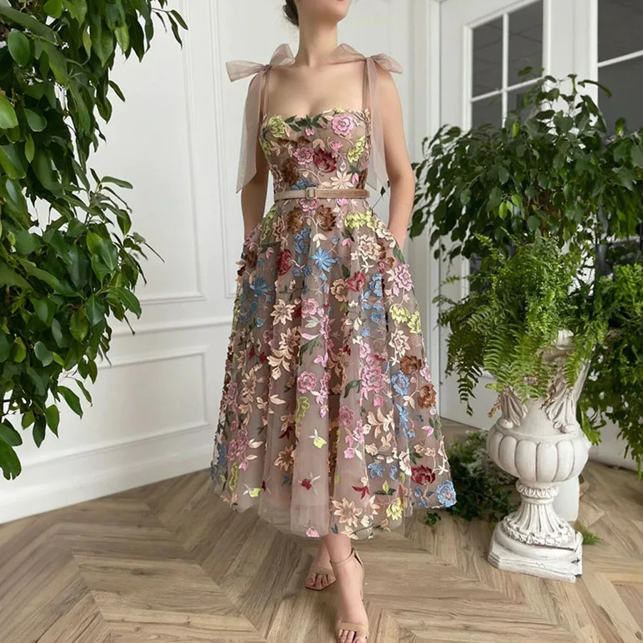 

Flowers Spaghetti Strap A-line Illusion Ankle-Length Evening Dresses Square Neck Prom Gown Backless платья на торжество