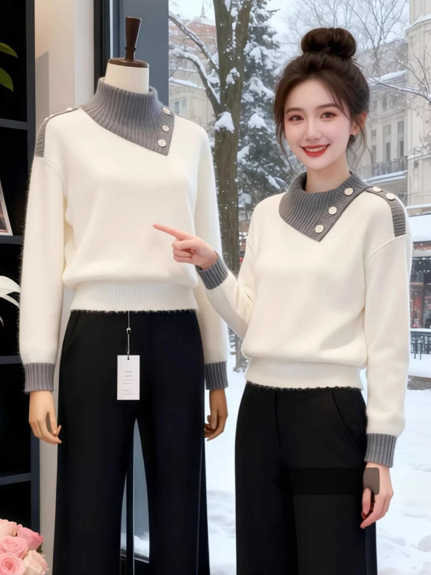 

2025 Winter New Sle Casual Long Sve Knitted Sweater Collar Color Blo High Quali Breathable Women's Faion Top