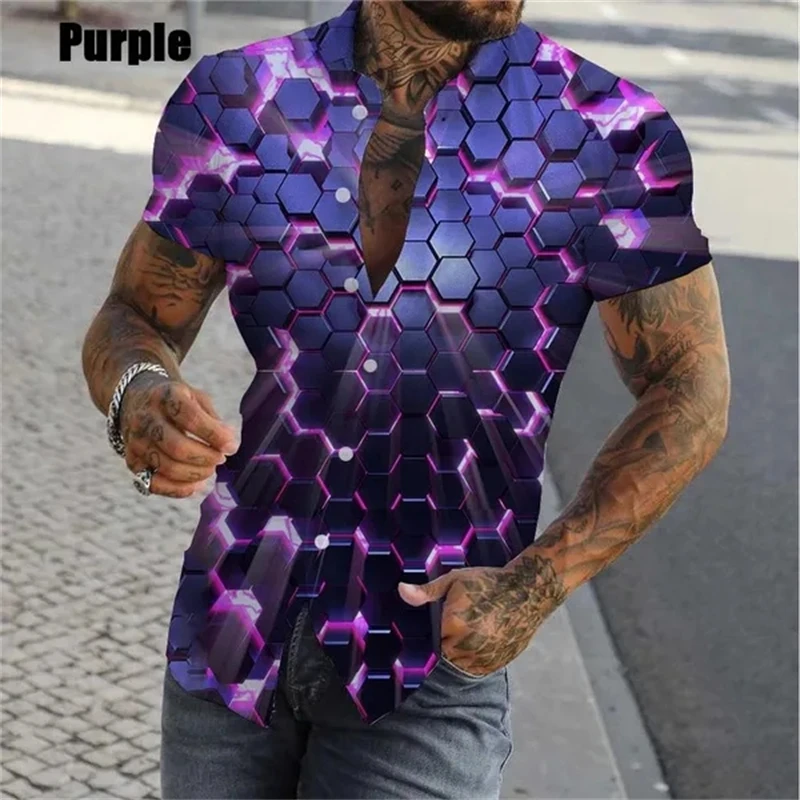 New Personality Men's Casual Fashion Geometric 3D Three-dimensional Pattern Shirt Men Summer Short Sleeve Button Up Shirts Tops