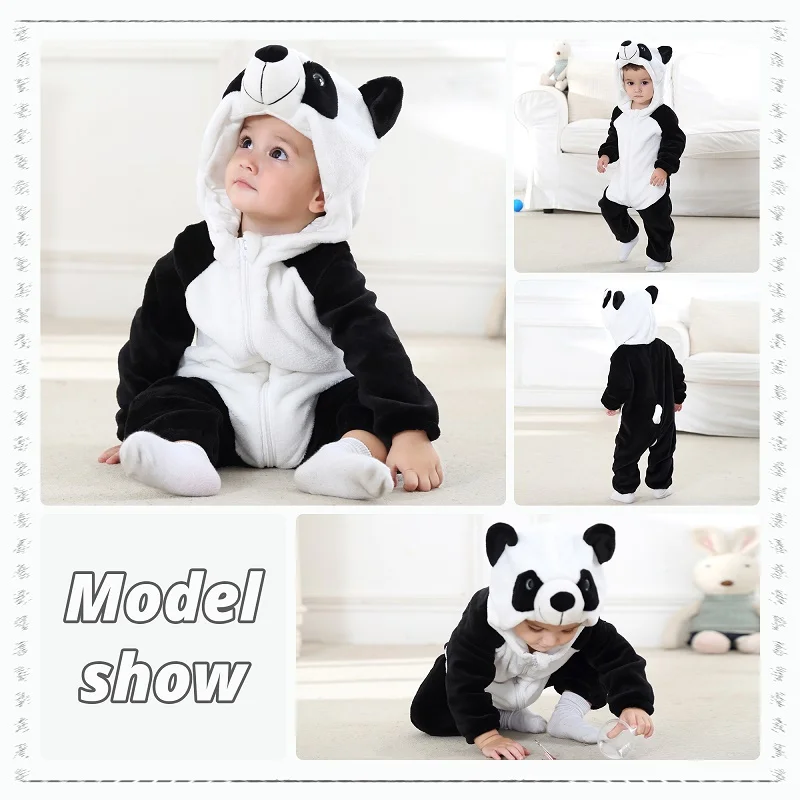 MICHLEY Halloween Panda Flannel Baby Rompers Winter Warm Clothes Costume Hooded Bodysuits Pajamas Overall Jumpsuit For Girl Boy