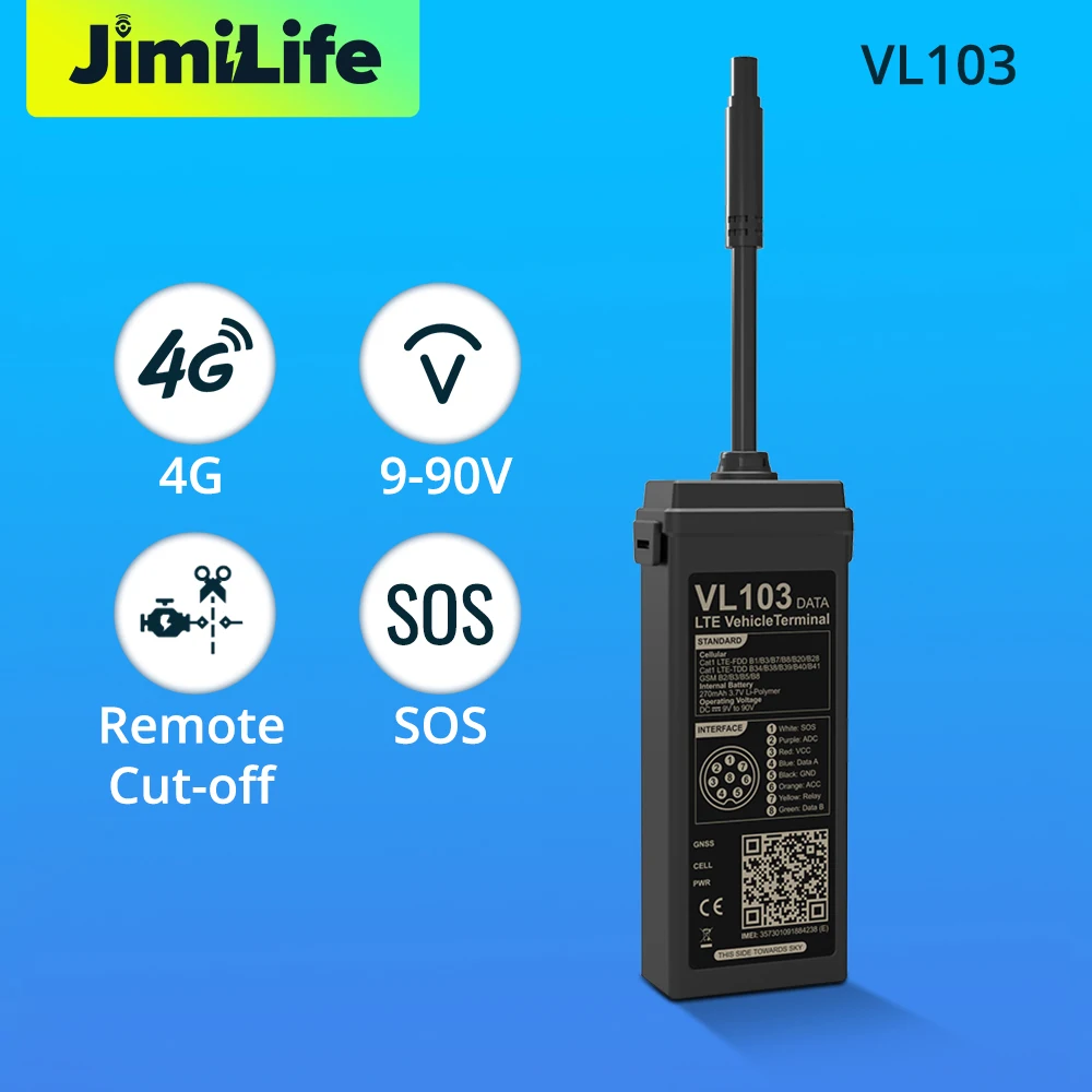 

GPS-трекер для автомобиля Jimi VL103D/M 4G с функцией отслеживания в реальном времени, умными оповещениями, водонепроницаемостью IP66, контролем поведения водителя, удаленной блокировкой и бесплатным приложением.