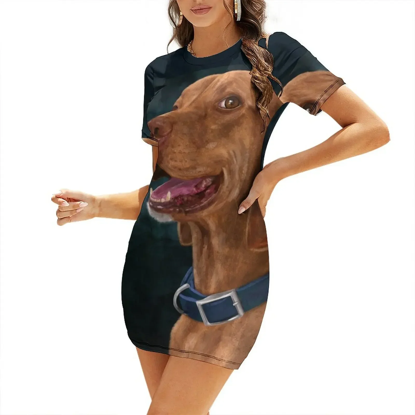 Painting of a Brown Coated Vizsla Smiling on a Green Blue Background Short-Sleeved Dress women party dresses Dress
