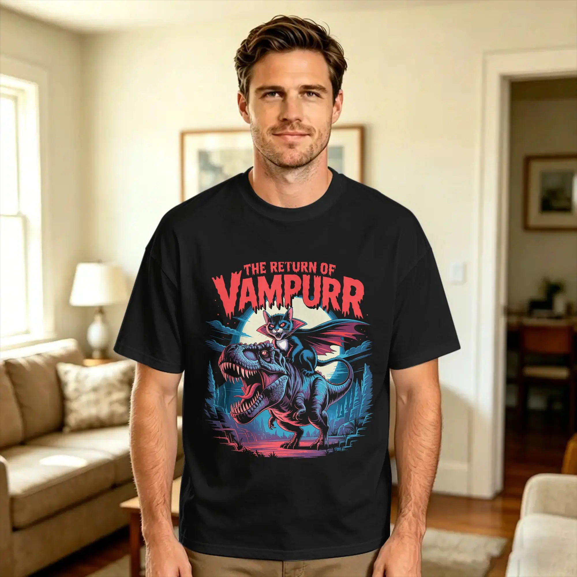 Vintage T-Shirt Beach The Return of Vampurr Funny Dinosaur Cat Halloween Popular T-Shirts  100% Cotton Tee Shirt for Men