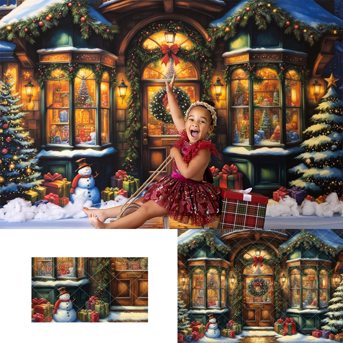 ストーリーブッククリスマスブティック背景子供大人の写真撮影子供-photocall-小道具雪の店外背景