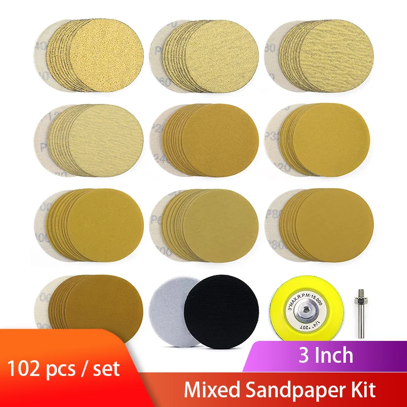 100 Pack 3Inch Sandpaper Hook&Loop Premium Variety 40-1000 Grit Wet & Dry Gold Sanding Paper 3