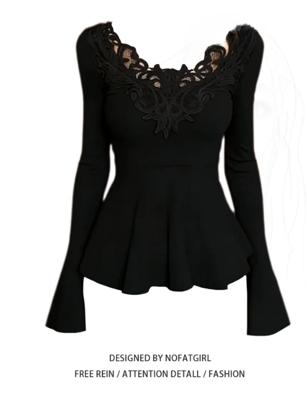 

plus Size Women's Slim Fit Lace V-Ne Base irt Inner Wear Top Korean Sle Commute Faion Bla Color Winter New Arrival