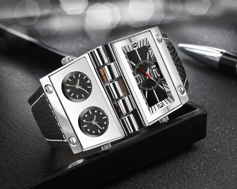 Oulm Brand New Style Mens Three Time Zone Watches Big Square Dial Unique Leather Strap Wristwatch Relogio Masculino