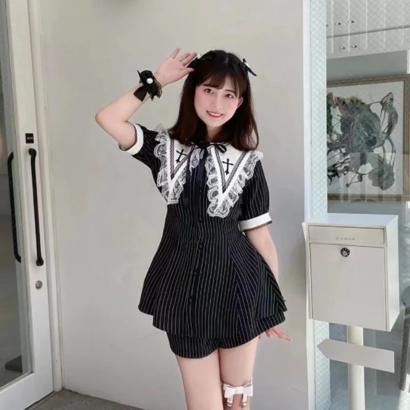 Mine Mass-Produced Japanese Sweet Cross Embroidered Short Suit Women High Waist Slim Fit Elegant Fashion Dress Office Lady Dress