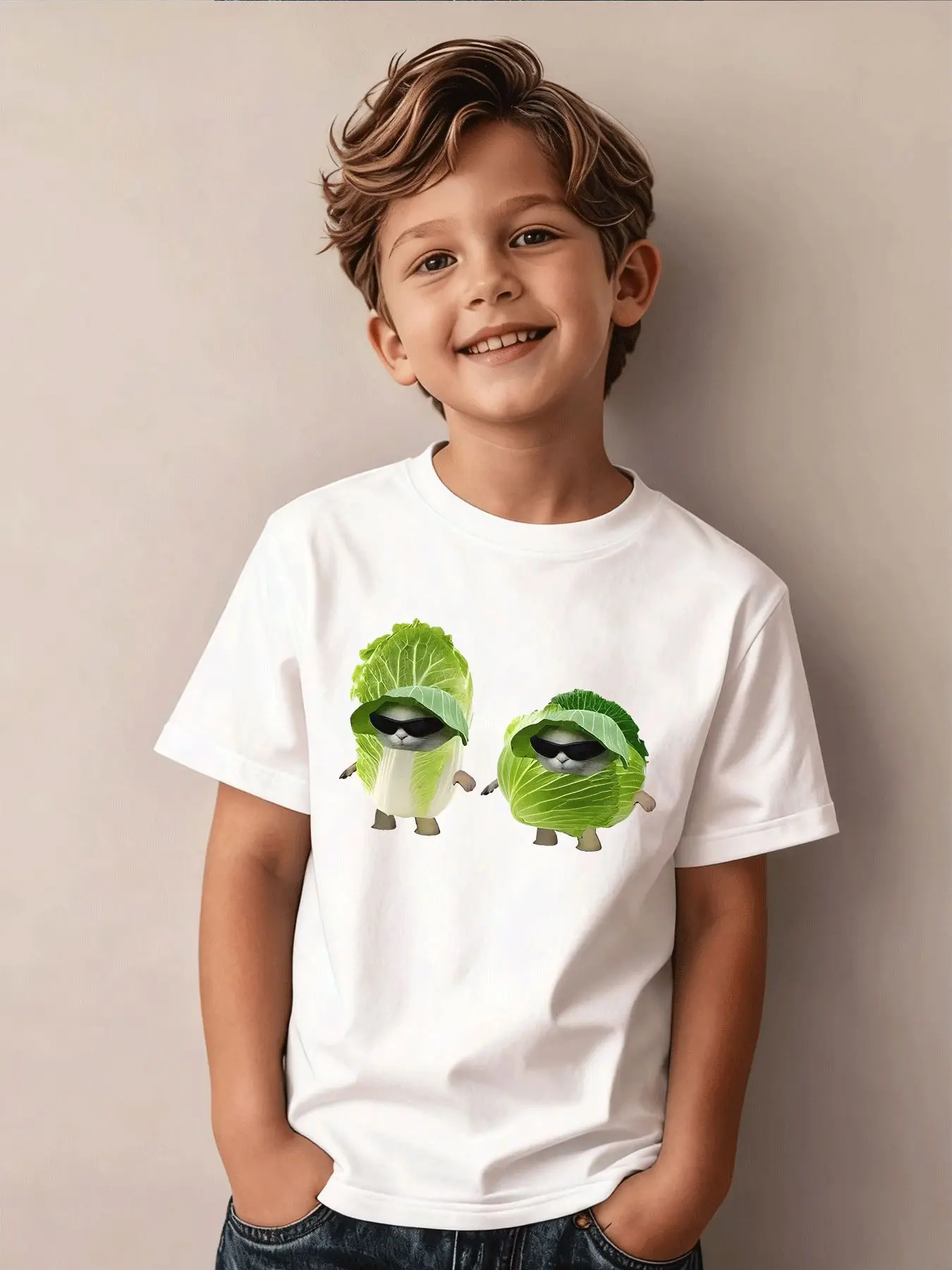 Children's Summer Leisure Trendy Cartoon Vegetable Cat Sunglasses Pattern T-shirt Summer Holiday Gift Daily Parent Child Wear