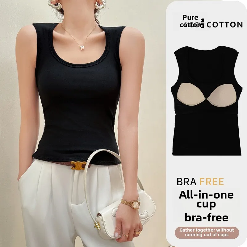 Women's Sexy Pure Cotton Built-in Bra Cami Top Adjustable Strap 3-Season Casual Layered Tops Summer Spring Autumn Fashion