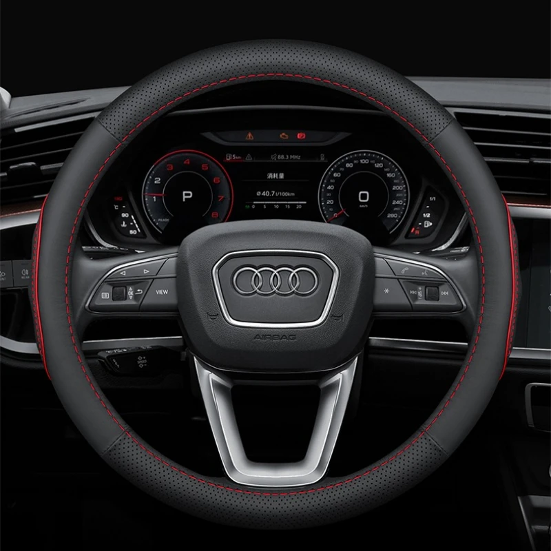 Echtleder-Lenkradbezug Atmungsaktiv Schweißabsorbierend Rutschfest 37-38cm Für Audi A3 A4 A6 S3 S4 S5 Q3 Q5 Q7 A4 Avant