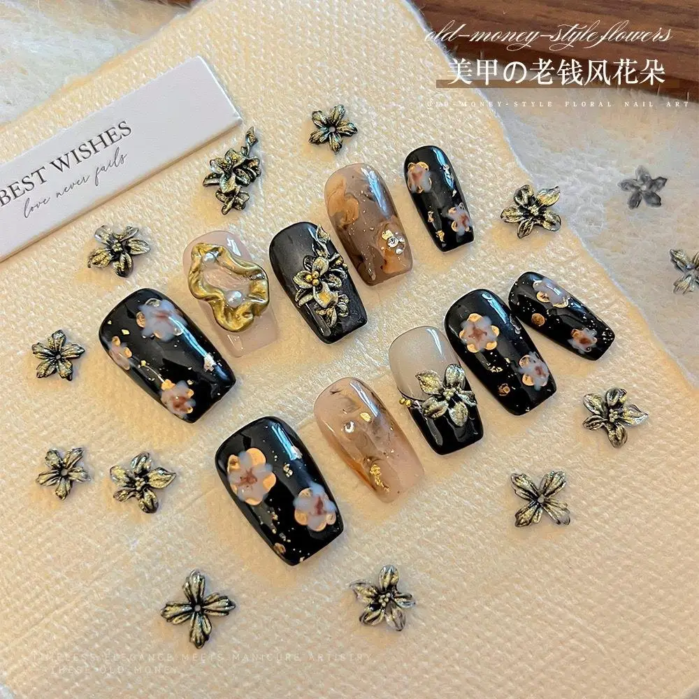 50pcs 3D Old Money Style Flowers Nail Charms Retro Gilded Floral Nail Art Decorations Luxury Soft Carving Flower Manicure Parts