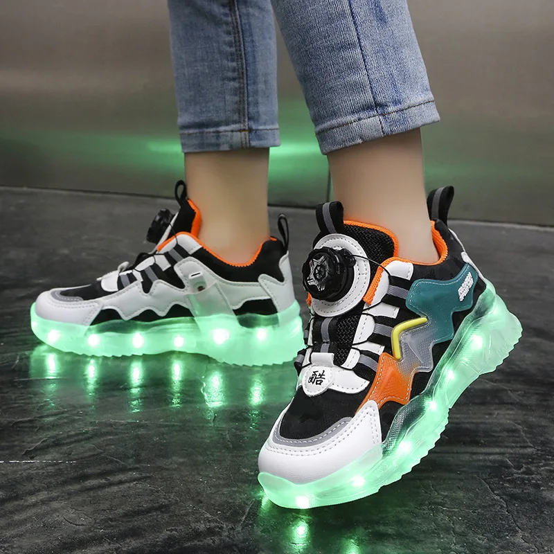 Zapatillas deportivas con botón giratorio para niños y niñas, zapatos con luz LED, informales, con cargador USB, talla 25-37