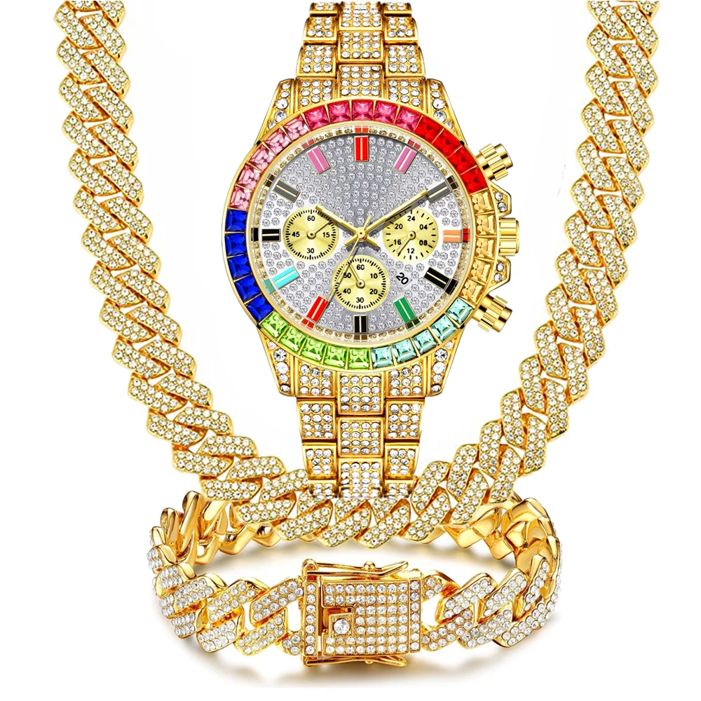 3PCS Watch for Men Women Luxury Wistwatch Necklace Bracelet Jewelry Set Bling Gold Silver Multicolour Diamond Cuban Chain Clock