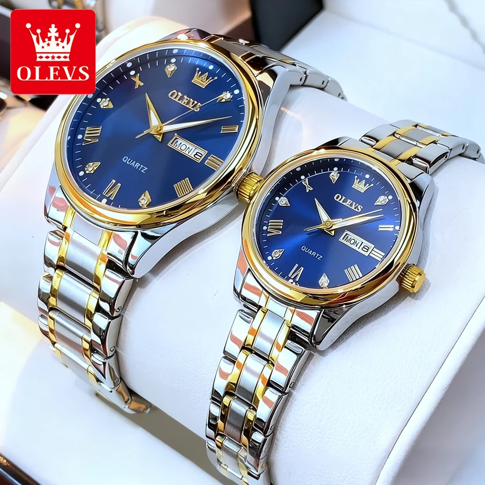 OLEVS часы для пар, трендовые модные римские весы, оригинальные кварцевые наручные часы из нержавеющей стали для влюбленных, водонепроницаемый светящийся календарь