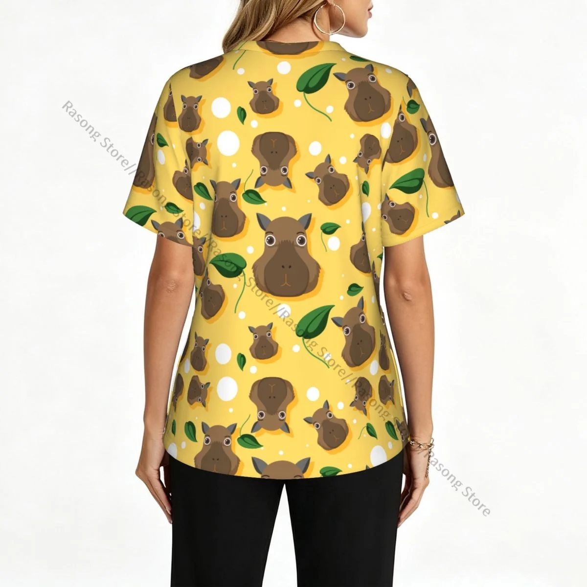 Women Scrubs Blouse Medical Nurse V-neck Clinical Scrubs Top Cute Capybara Pattern Operating Room Work T-shirt