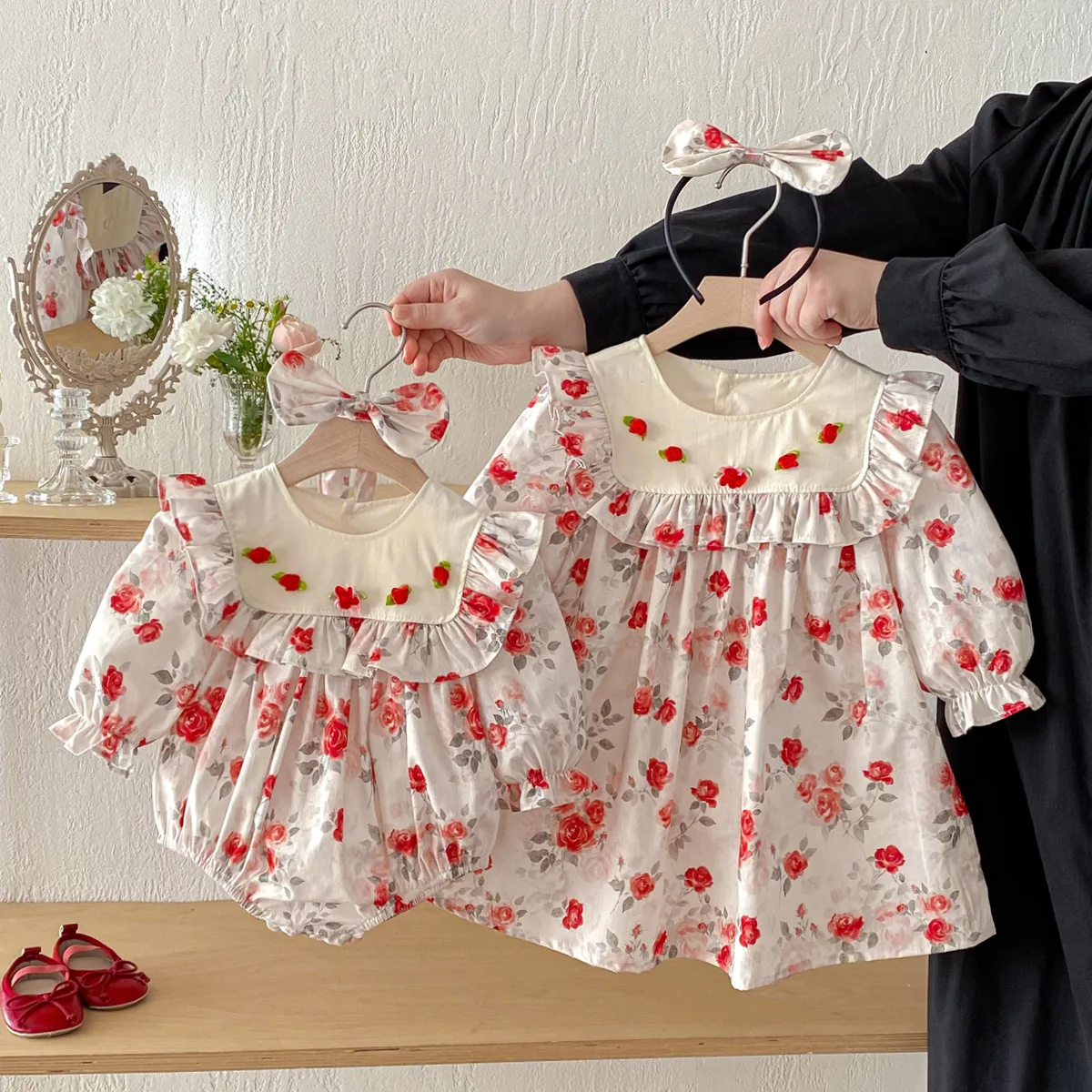2026 Baby Girl Sibling Matching Outfits Rose Print Romper Dress Sister Wear Toddler Daily Photo Casual Soft Stylish Apparel