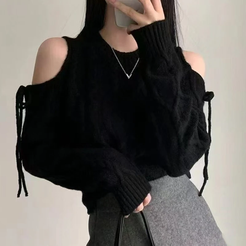 Casual O Neck Long Sleeve Knitted Tops Y2k Off Shoulder Pullover Elegant Solid Sweater Autumn Winter Korean Lace Up Knitwear
