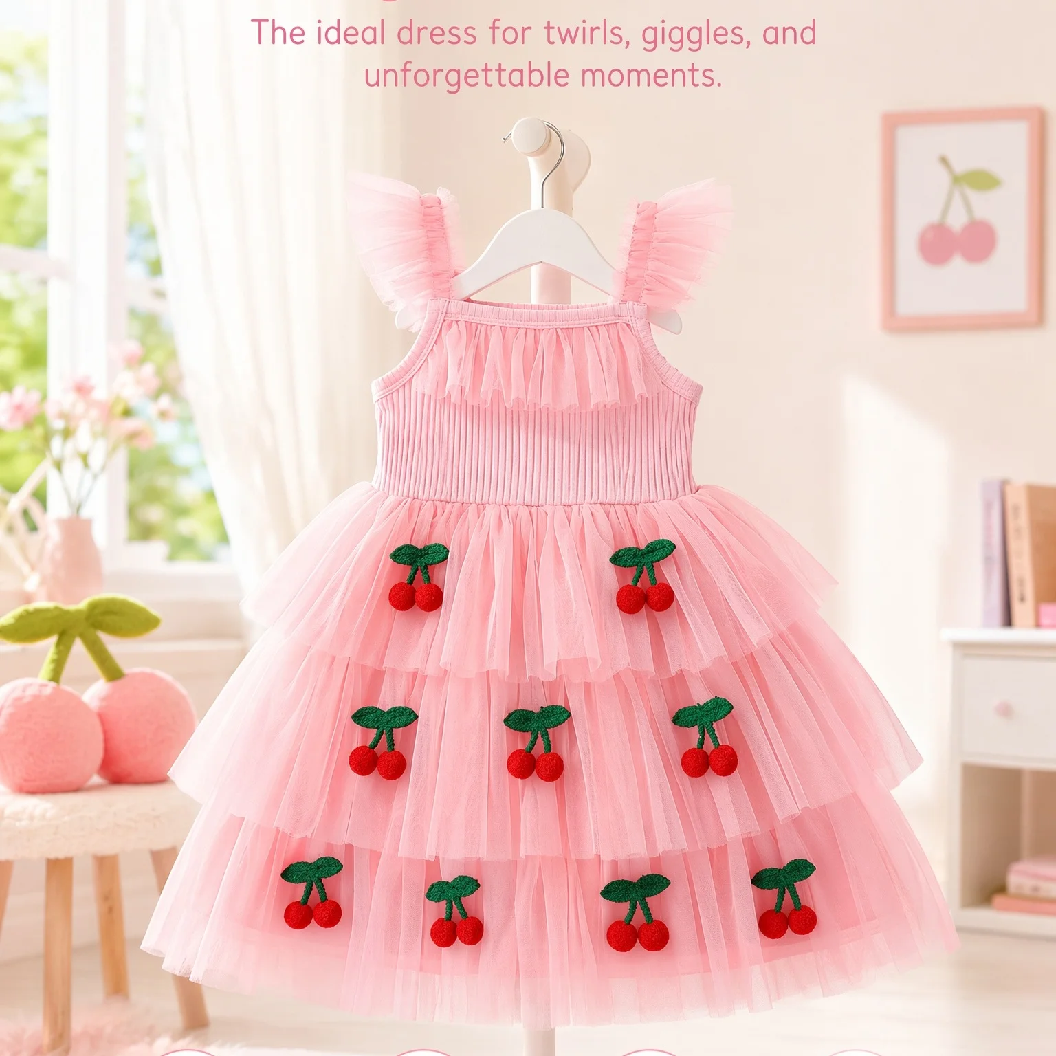 Girls Cake Dress Flutter Strap Tulle Kid's Clothing 3D Cherry Applique Princess Mesh Dress Festive Dress for Girls